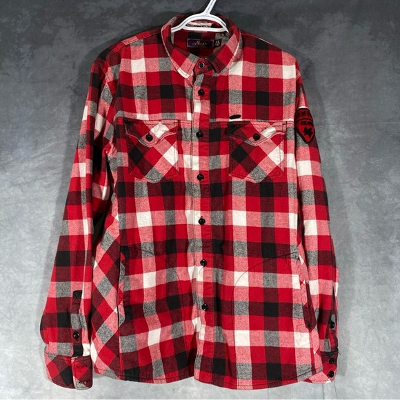 Vintage Akoo Flannel Button Down Shacket Red Plaid Shirt Timber Ridge Patch XL - Picture 1 of 9